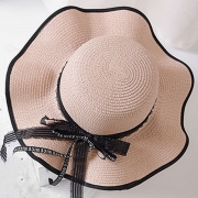 Casual Straw Floppy Foldable Beach Sunscreen Hat With Wave Ribbon