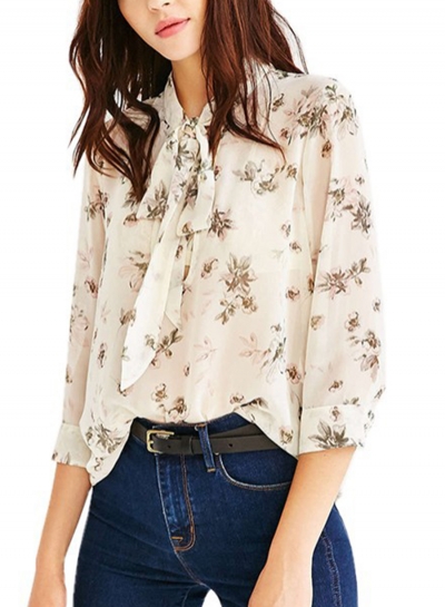 Chiffon Floral Print V Neck Bow Tie Long Sleeve Loose Blouse