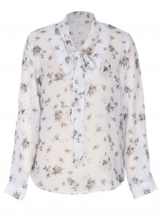 Chiffon Floral Print V Neck Bow Tie Long Sleeve Loose Blouse