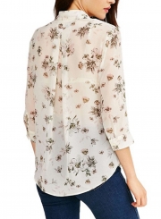 Chiffon Floral Print V Neck Bow Tie Long Sleeve Loose Blouse