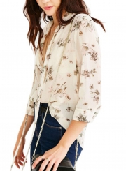 Chiffon Floral Print V Neck Bow Tie Long Sleeve Loose Blouse