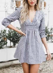 Casual Plaid  V Neck Half Sleeve Elastic Waist A-line Dress