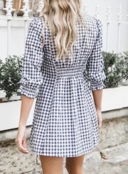 Casual Plaid  V Neck Half Sleeve Elastic Waist A-line Dress