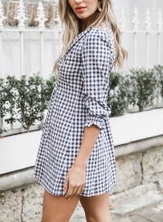 Casual Plaid  V Neck Half Sleeve Elastic Waist A-line Dress