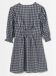 Casual Plaid  V Neck Half Sleeve Elastic Waist A-line Dress