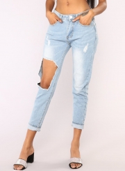 Casual High Waist High Elasticity Destroyed Pencil Jeans With Pocket