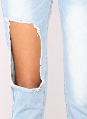 Casual High Waist High Elasticity Destroyed Pencil Jeans With Pocket