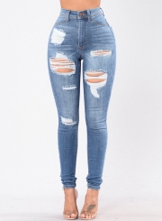 Casual Destroyed Retro Wash High Waist Slim Fit Jeans