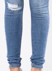 Casual Destroyed Retro Wash High Waist Slim Fit Jeans