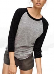 Casual Spliced Long Sleeve Round Neck Pullover Loose Tee