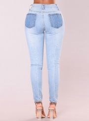 Casual Retro Washed Splice Stretch Skinny High Waist Pencil Jeans