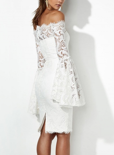 Sexy Off Shoulder Flare Sleeve Elastic Waist Lace Bodycon Cocktail Dress stylesimo.com