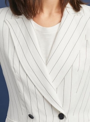 White Casual Striped Long Sleeve Turn-Down Collar Button Down Loose Suit