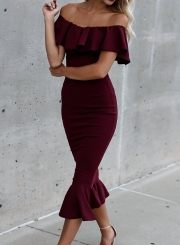 Off The Shoulder Ruffle Neckline Solid Color Fiashtail Bodycon Dress