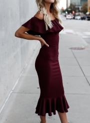 Off The Shoulder Ruffle Neckline Solid Color Fiashtail Bodycon Dress