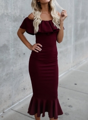 Off The Shoulder Ruffle Neckline Solid Color Fiashtail Bodycon Dress