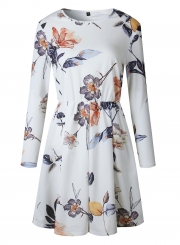 Casual Floral Print Long Sleeve Elastic Waist Pleated Dress