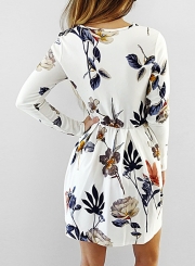 Casual Floral Print Long Sleeve Elastic Waist Pleated Dress