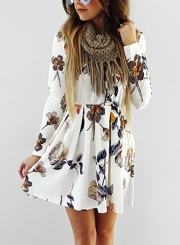 Casual Floral Print Long Sleeve Elastic Waist Pleated Dress