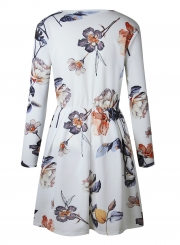 Casual Floral Print Long Sleeve Elastic Waist Pleated Dress