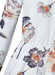 Casual Floral Print Long Sleeve Elastic Waist Pleated Dress