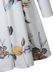 Casual Floral Print Long Sleeve Elastic Waist Pleated Dress