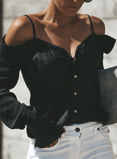 Sexy Spaghetti Strap Cold Shoulder Long Sleeve Button Down Shirt