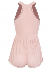 Casual Sleeveless Round Neck Hollow Out Wide Leg Romper With Zip