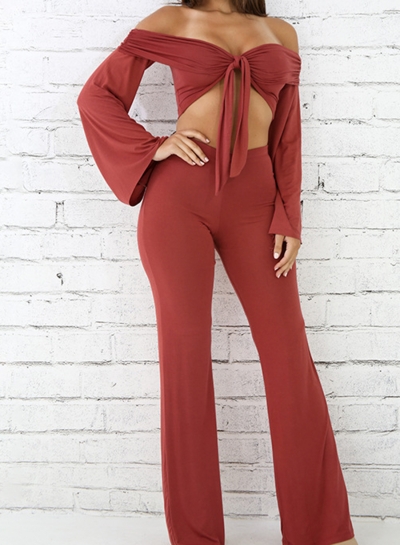 Sexy Solid 2 Piece Off Shoulder Front Bow Crop Top Wide Leg Pants LEXELFASHIONINTSHOPS.com