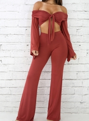 Sexy Solid 2 Piece Off Shoulder Front Bow Crop Top Wide Leg Pants