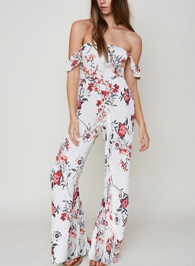 Sexy Floral Off The Shoulder High Waist Wide Leg Jumpsuit With Button