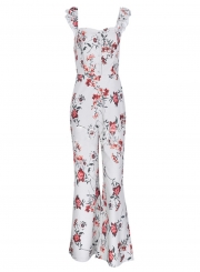 Sexy Floral Off The Shoulder High Waist Wide Leg Jumpsuit With Button