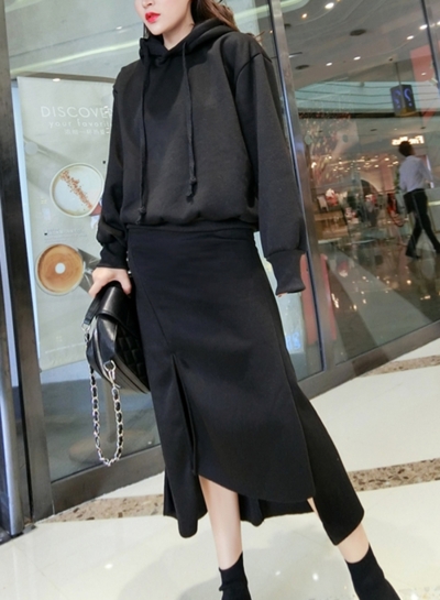 Casual Solid Thickening Long Sleeve Loose Hoodie Irregular Slit Skirt Set YOUYOUFASHIONEC.com