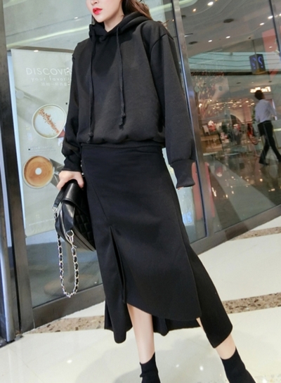 Casual Solid Thickening Long Sleeve Loose Hoodie Irregular Slit Skirt Set