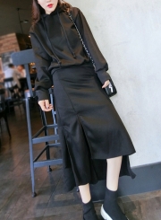 Casual Solid Thickening Long Sleeve Loose Hoodie Irregular Slit Skirt Set