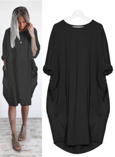 Solid Oversized Round Neck Long Sleeve Loose Pockets Dress