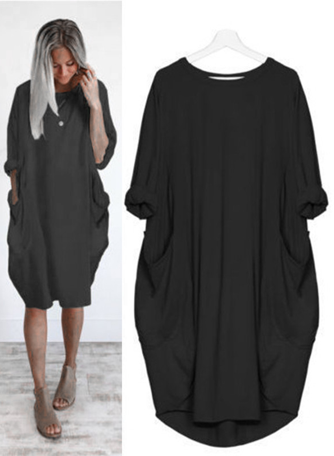 Solid Oversized Round Neck Long Sleeve Loose Pockets Dress - STYLESIMO.com