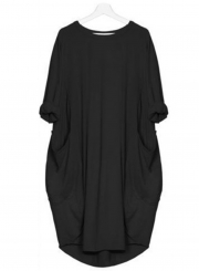 Solid Oversized Round Neck Long Sleeve Loose Pockets Dress