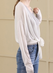 Long Sleeve Open Front Loose Solid Color Bow Tie Cardigan