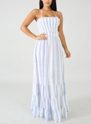 Striped Halter Neck High Waist Backless Swing Maxi Dress