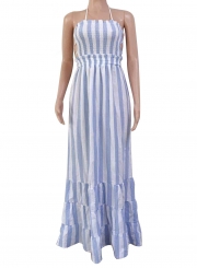 Striped Halter Neck High Waist Backless Swing Maxi Dress