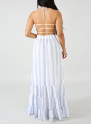 Striped Halter Neck High Waist Backless Swing Maxi Dress