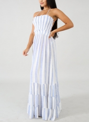 Striped Halter Neck High Waist Backless Swing Maxi Dress