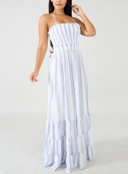 Striped Halter Neck High Waist Backless Swing Maxi Dress