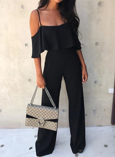 Spaghetti Strap Off Shoulder High Waist Wide Leg Jumpsuit YOUYOUFASHIONEC.com