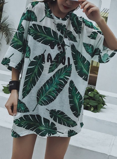 Summer Leaf Print Round Neck Half Sleeve Loose Pullover Tee YOUYOUFASHIONEC.com