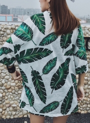 Summer Leaf Print Round Neck Half Sleeve Loose Pullover Tee