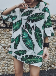 Summer Leaf Print Round Neck Half Sleeve Loose Pullover Tee