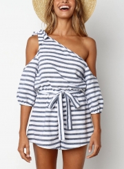 Striped One Shoulder Half Sleeve Wide Leg Romper With Belt