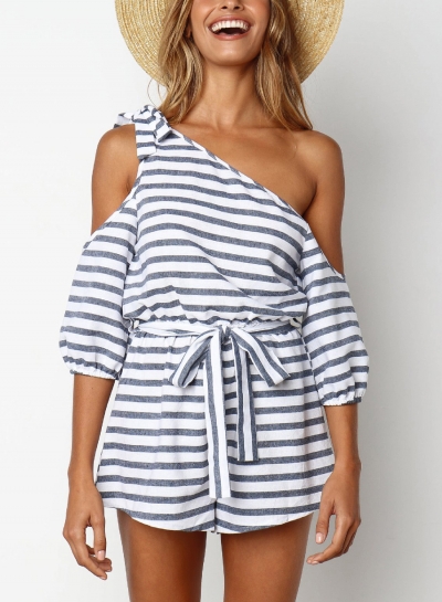 Striped One Shoulder Half Sleeve Wide Leg Romper With Belt YOUYOUFASHIONEC.com